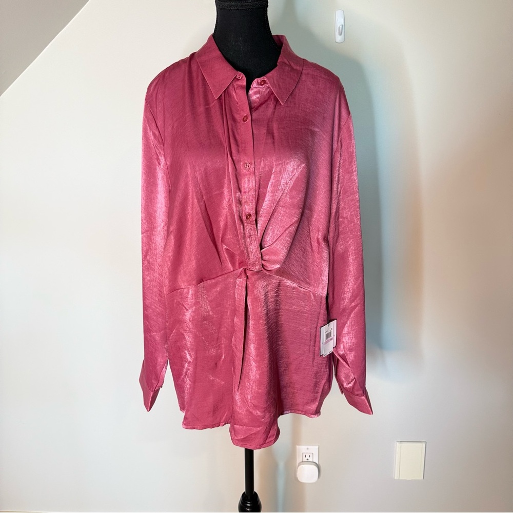 LAUNDRY BY SHELLI SEGAL New Pink Flowy Blouse Button Down Satin Plus Size 22W - Picture 8 of 15